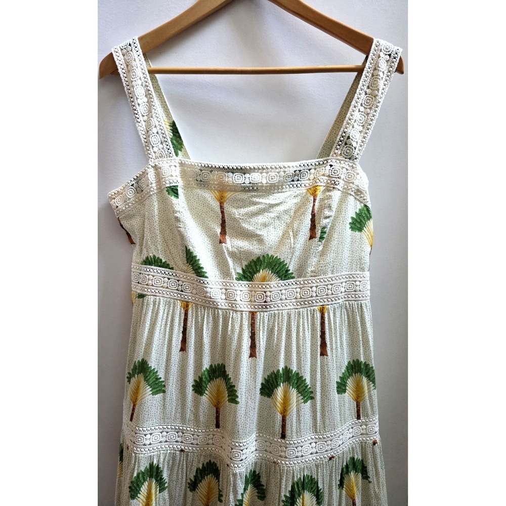 Calypso St. Barth Dress L Maxi Tiered Palm Trees Crochet Lace Straps Cream/Green - Picture 9 of 15